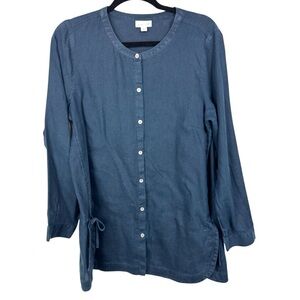 J. Jill Love Linen Navy Blue Button Down Shirt with side ties M